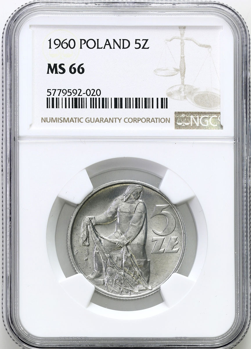 PRL. 5 złotych 1960 Rybak Aluminium NGC MS66